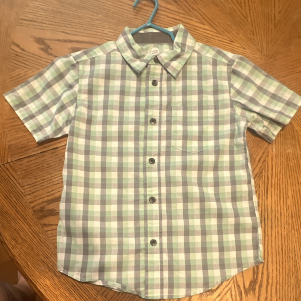 Wonder Nation Boys Green/Gray Plaid Short Sleeve Button-Up Shirt Size XS (4-5)